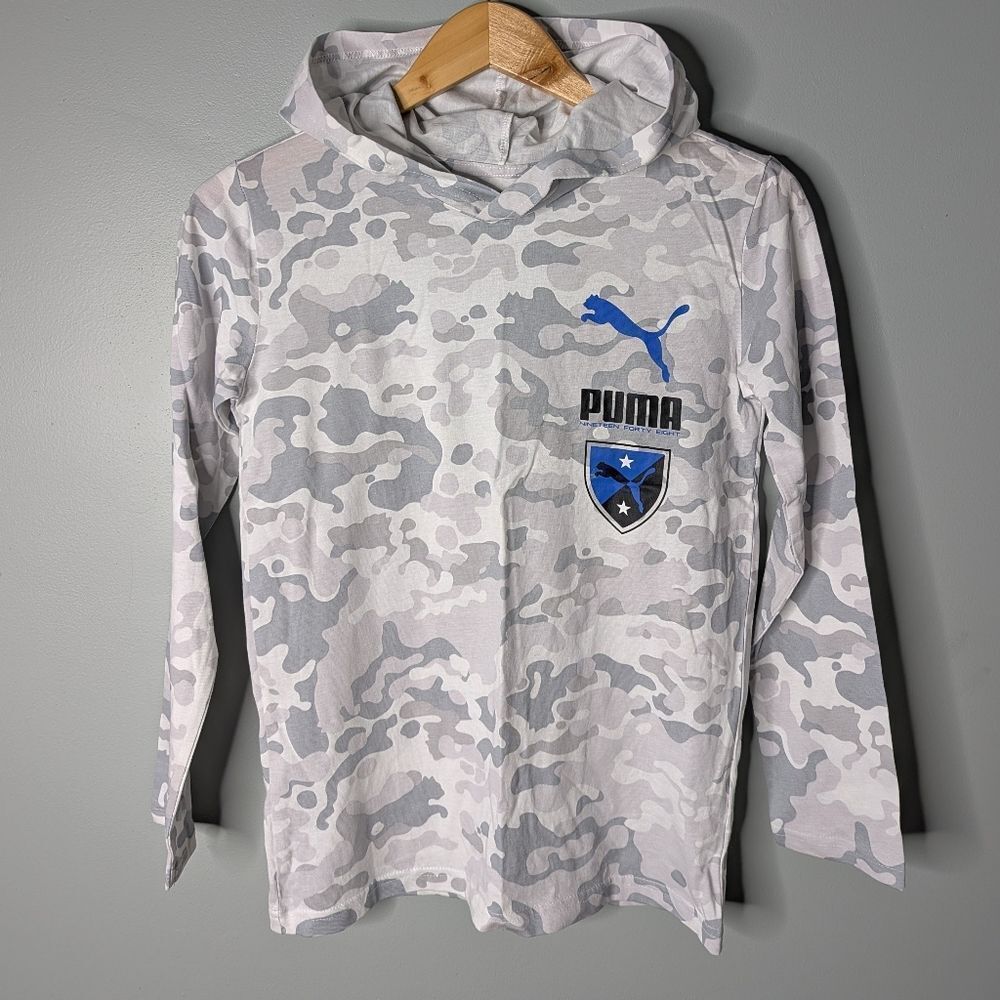 PUMA Kids Grey White Camo 100% Cotton Pullover Long Sleeve Hoodie M 10 12